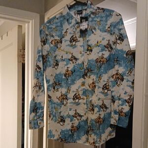 Cruel Girl Blue and White Cowboy Print Button Down Shirt